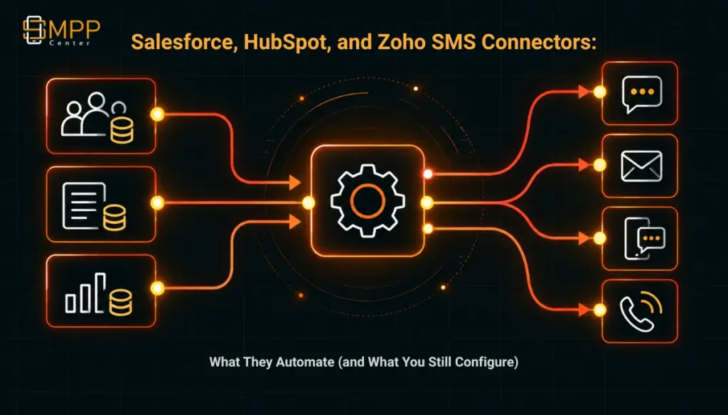 Geometric illustration of three CRM systems connecting through a messaging integration hub