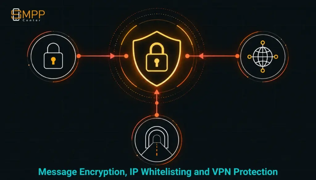 Diagram of message encryption, IP whitelisting, and VPN protection as one connected security layer