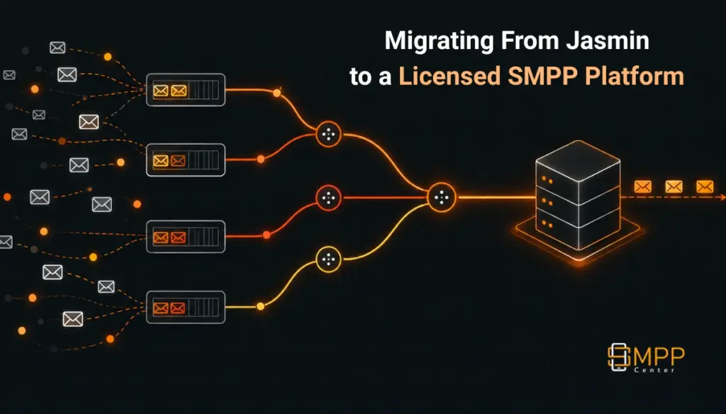 Abstract illustration of scattered message queue nodes consolidating into a single routing node, representing SMS gateway migration.