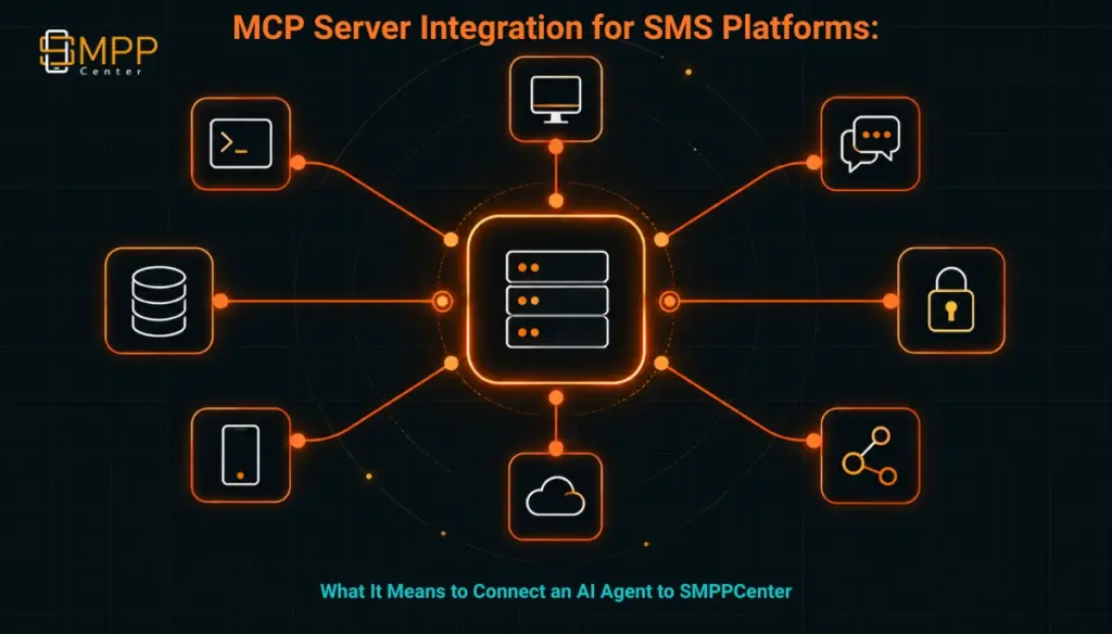 Abstract geometric diagram of a central platform node connected to multiple client nodes through secured lines, representing MCP server integration architecture.