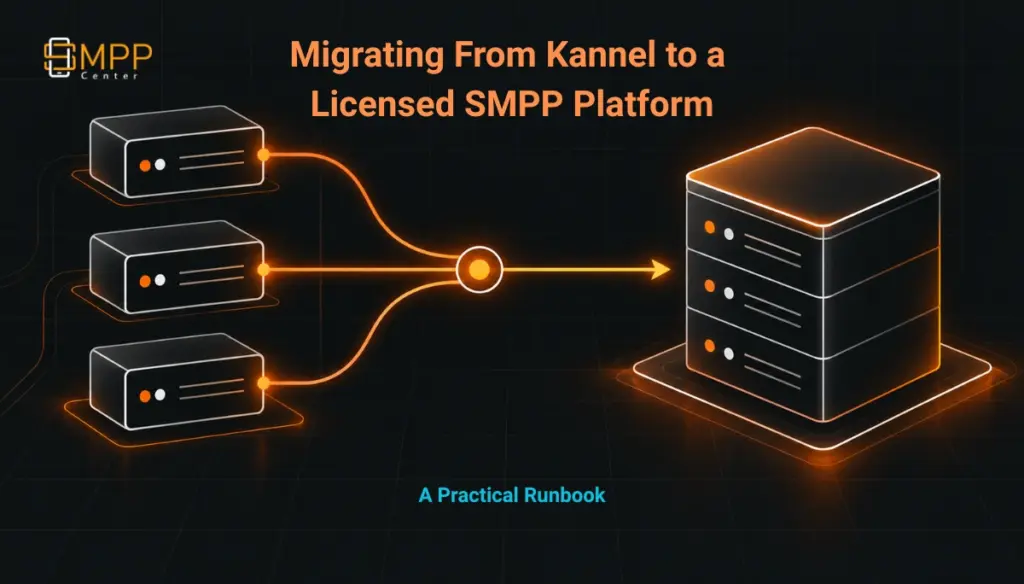Abstract illustration of a multi-process SMS gateway architecture consolidating into a single unified platform