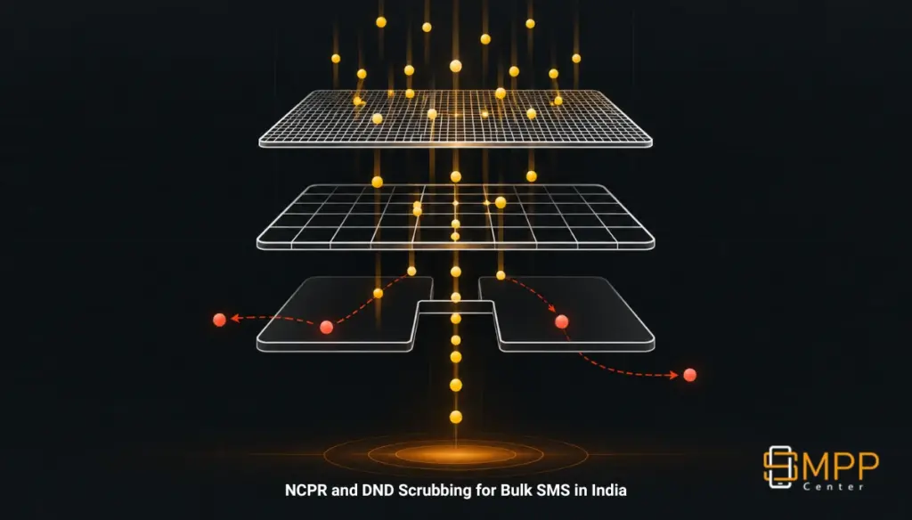 Diagram of three separate filtering layers a promotional SMS passes through in India, with a message being diverted at the final NCPR scrubbing layer