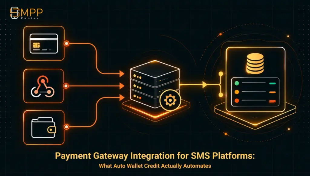 Abstract diagram showing a payment flowing through a webhook verification step into a digital wallet ledger, in dark charcoal and gold/orange tones.