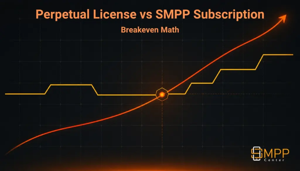 Abstract line chart on a dark background showing two cost trajectories crossing at a single breakeven point, in gold and burnt-orange accent colors