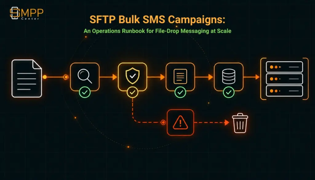 Diagram of a file-drop SMS campaign pipeline showing validation checkpoints between upload and delivery.