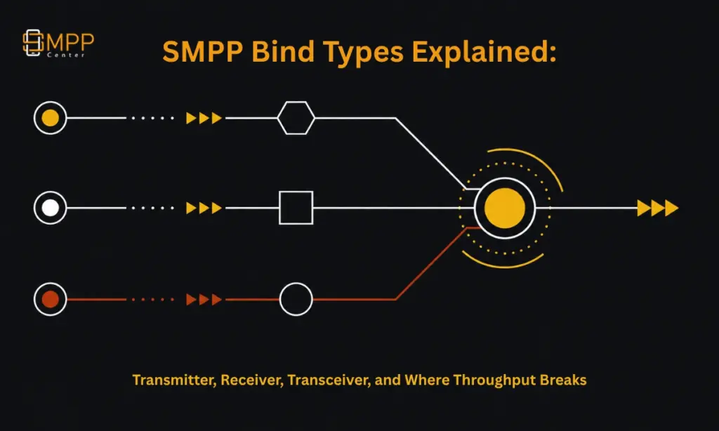 Abstract diagram of three SMPP connection channels, one shown throttled, on a dark background with orange accent.