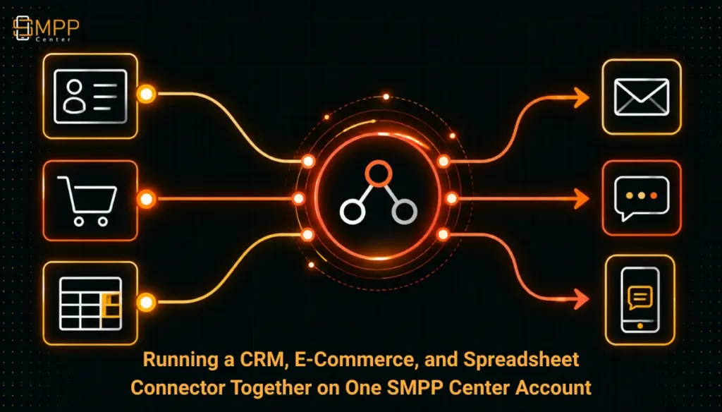 Three separate connector icons (CRM, e-commerce, spreadsheet) feeding into a single shared account hub, illustrating shared credits and throughput.