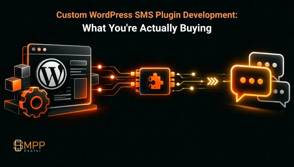 Geometric illustration of a WordPress icon connected through a custom adapter to a messaging icon, representing custom SMS plugin development