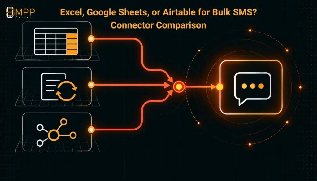 Three abstract spreadsheet and database icons converging into a single messaging icon, representing Excel, Google Sheets, and Airtable connectors feeding one messaging platform.