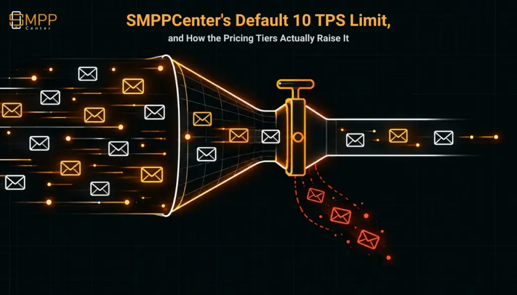 Geometric illustration of a narrowing gate throttling a stream of message icons, representing a fixed TPS limit.