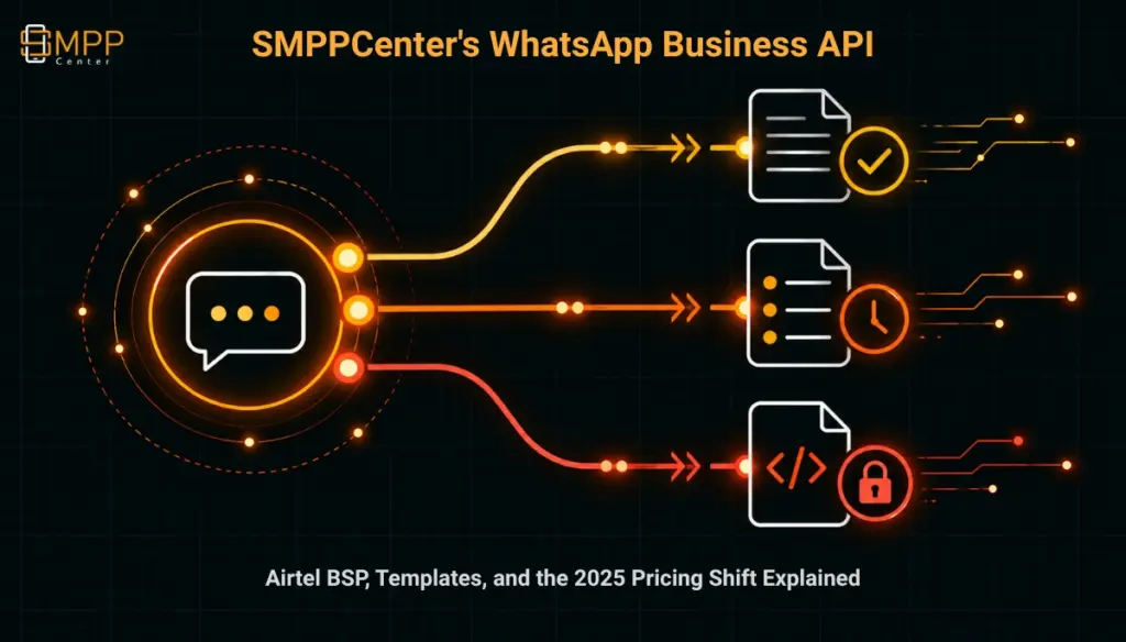 Geometric illustration of a message splitting into template, session, and authentication paths, representing WhatsApp's message categories.