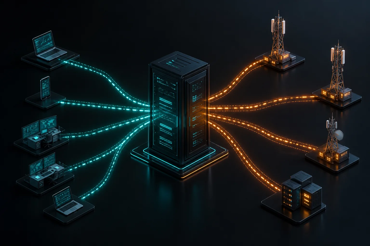 Dark theme illustration of an SMPP server accepting binds from clients and forwarding to carriers