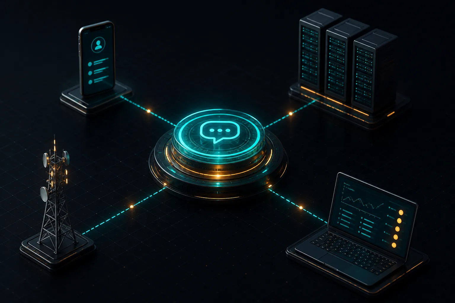 Dark theme illustration of SMS and SMPP software connecting applications, servers, and mobile networks