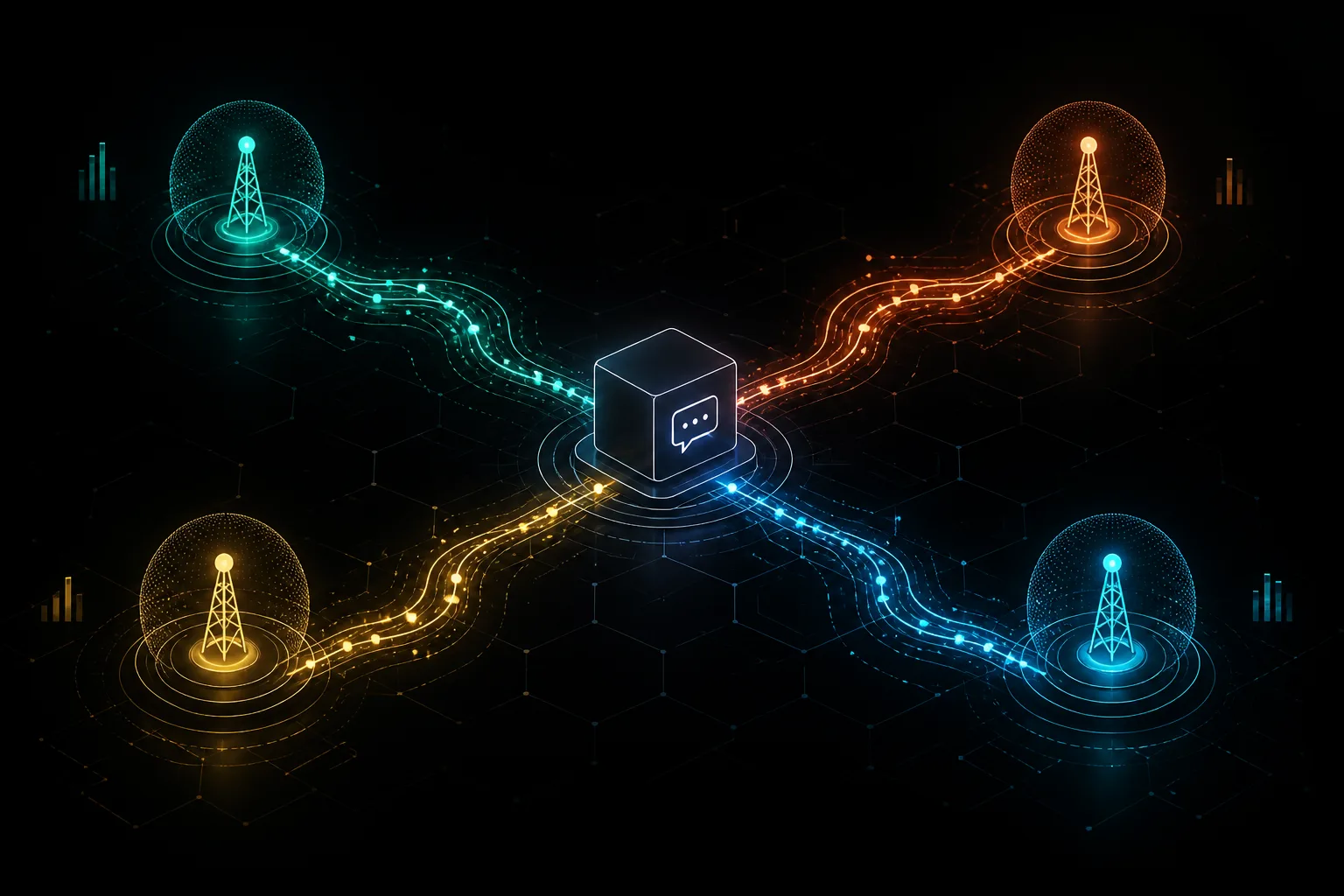 Dark theme visualization of SMS traffic splitting across multiple operator routes