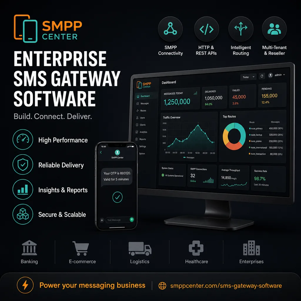 Dark theme illustration of enterprise SMS gateway software with a dashboard, OTP delivery, and SMPP routing