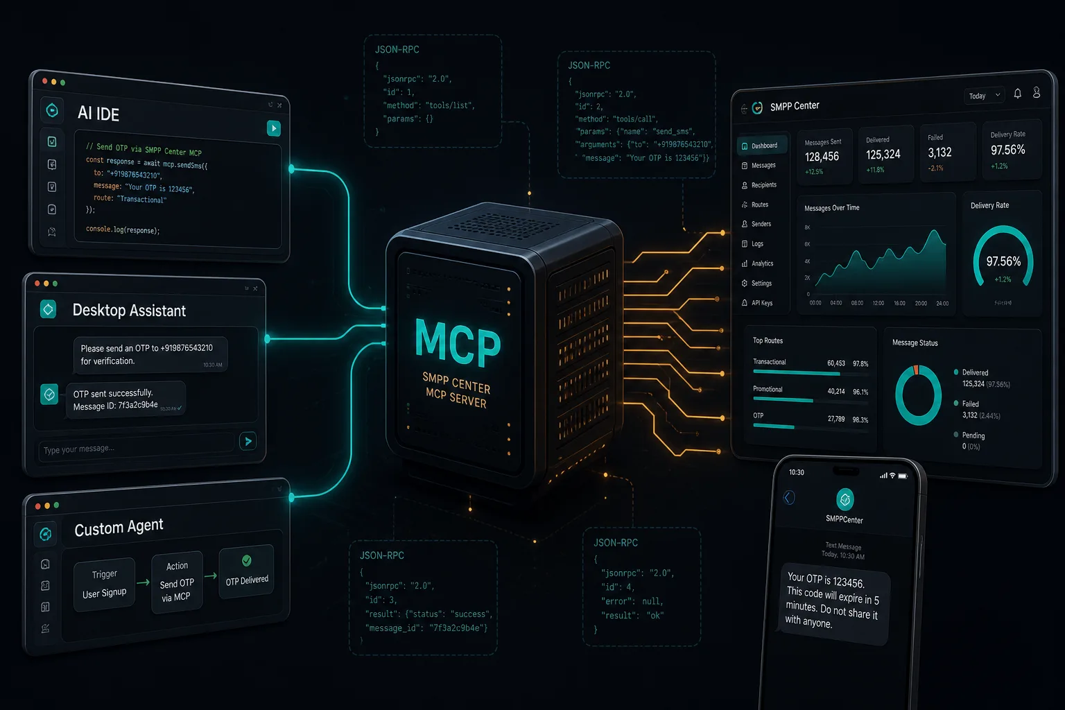 Dark theme illustration of an MCP server connecting AI IDE and assistant windows to an SMS gateway dashboard