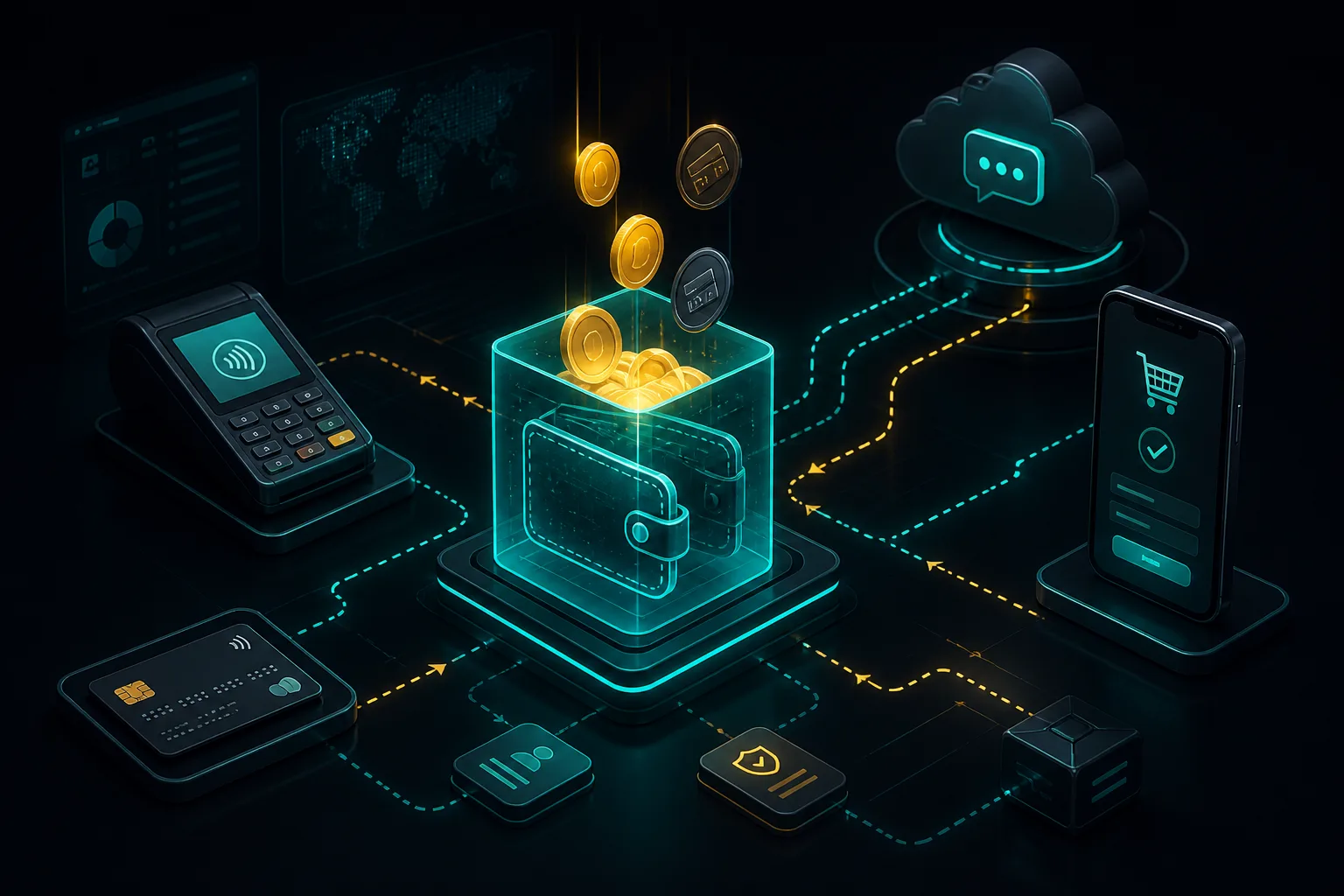 Dark theme illustration of a digital wallet receiving credits after an online payment