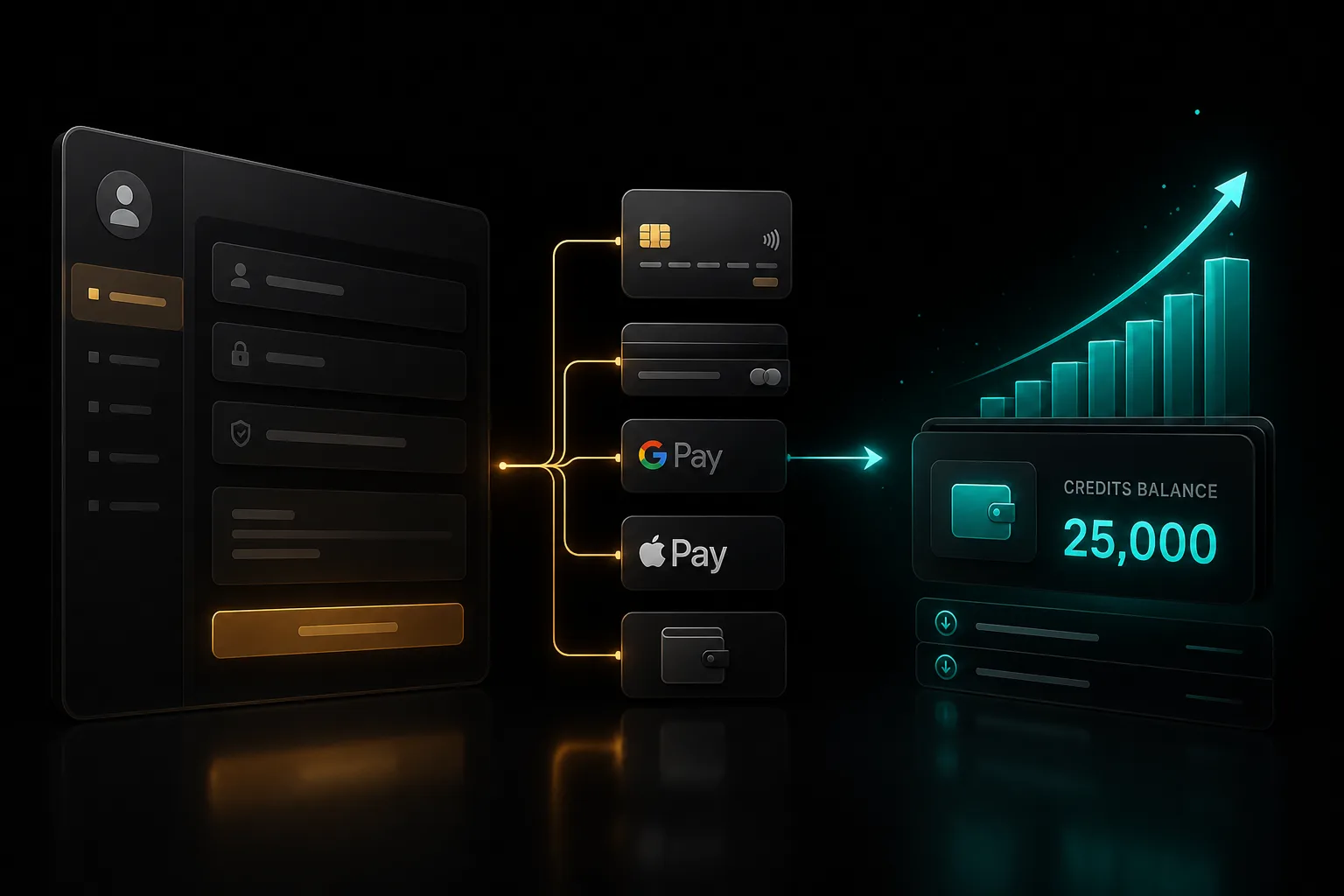 Dark theme illustration of a reseller dashboard connecting payment checkout to rising wallet credits