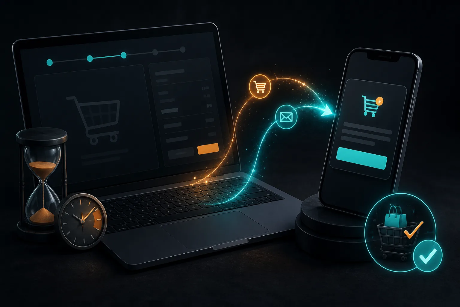 Dark theme illustration of an abandoned checkout sending recovery alerts to a phone