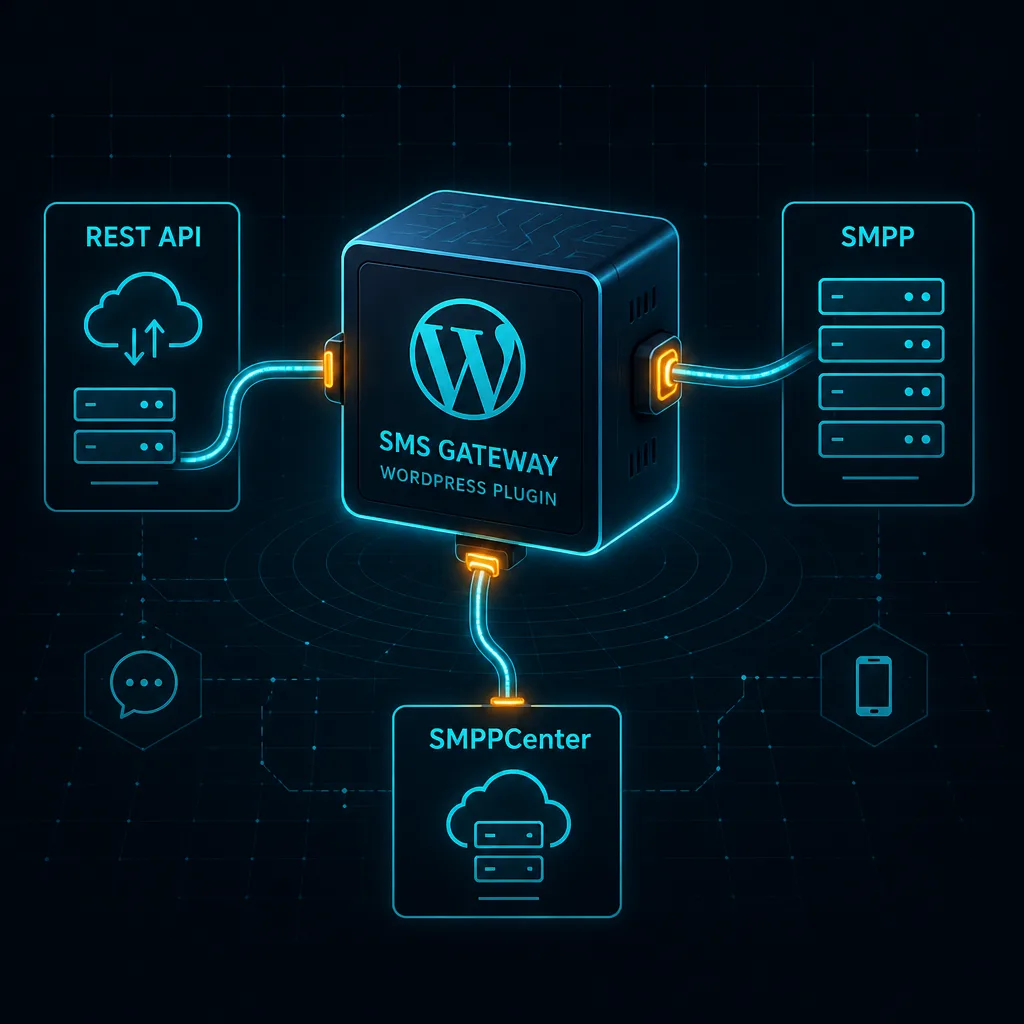 WordPress plugin cube connected to REST API, SMPP, and SMPPCenter