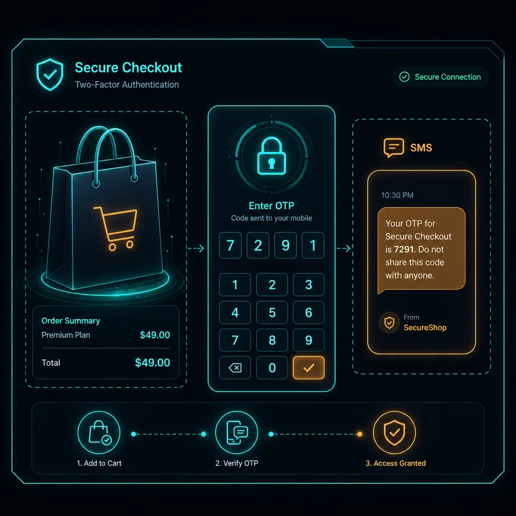 WooCommerce, OTP lock, and SMS notification cards for a WordPress plugin