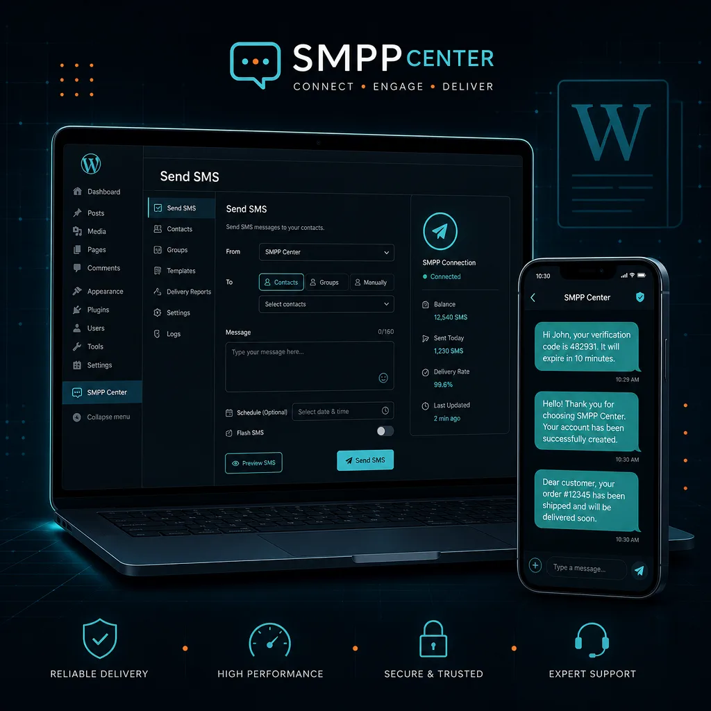 WordPress admin dashboard connected to SMS sending on a phone