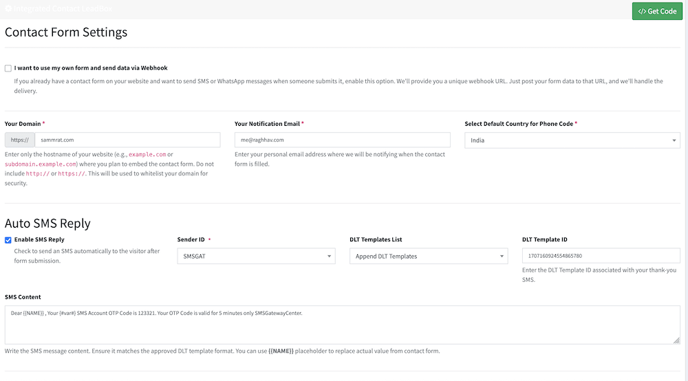 Contact Form Integration Settings